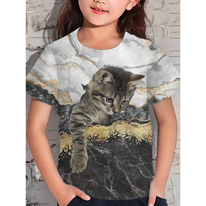 

Новая детская футболка с милым принтом кота, летняя дышащая детская футболка с короткими рукавами для девочек, высококачественный топ, подарок на день рождения 160CM