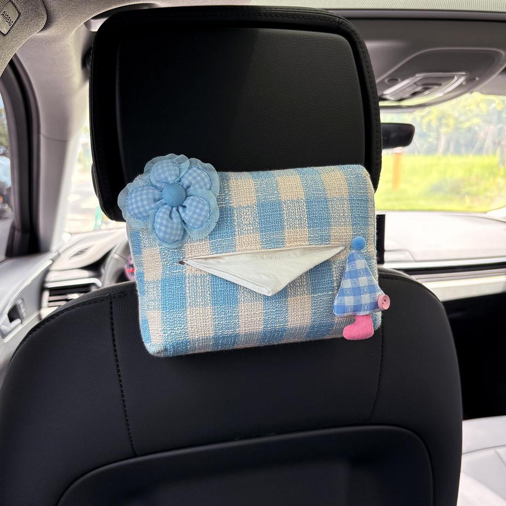 Cartoon Bear & Bunny Plaid Tissue Box for Car Seat Back, Armrest, or Sun Visor