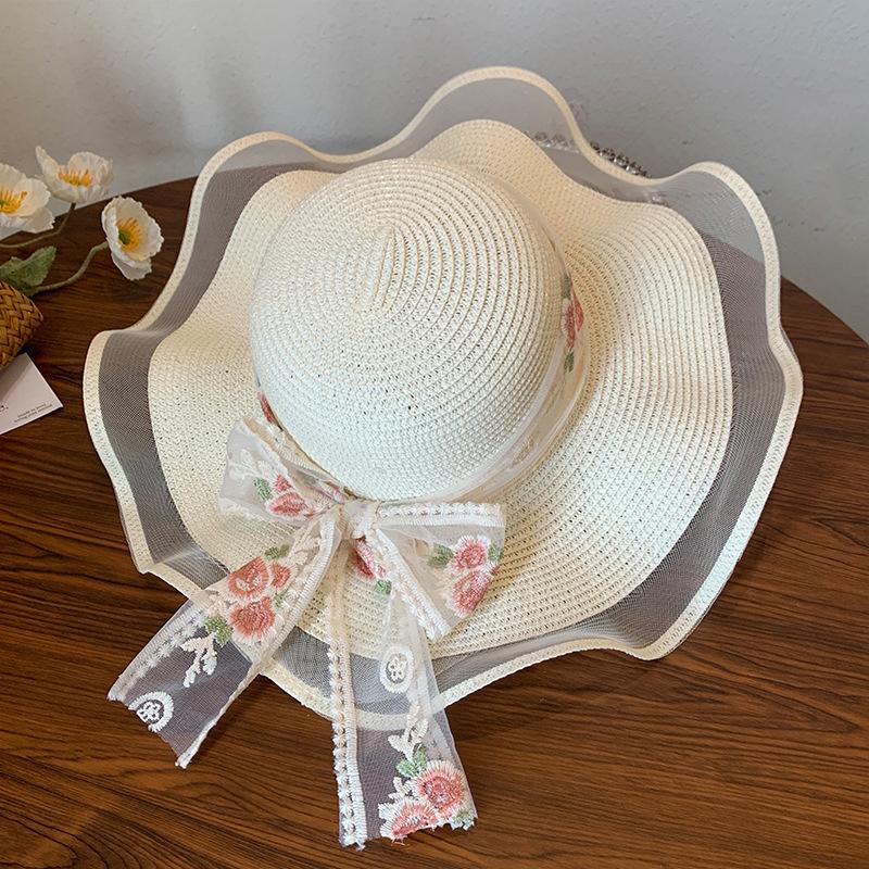 Sweet Cute Lace Edge Straw Hat For Women Spring Summer Bowkont Large Brim Sunshade Caps  Foldable Beach Cap Gifts