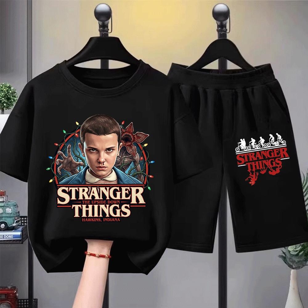 Детский комплект: футболка с коротким рукавом и шорты Stranger Things The Upside Down Hawkins Indiana с принтом для мальчиков и девочек 100