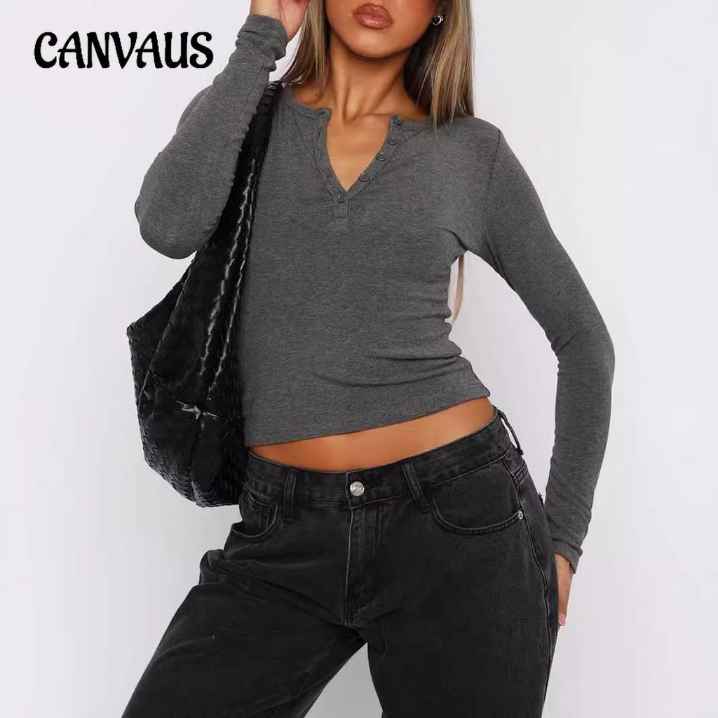 Jarní a podzimní dámský Y2K slim módní žebrovaný top s knoflíky a dlouhým rukávem