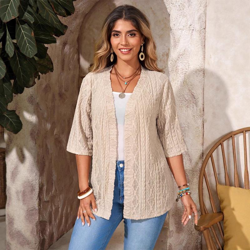 2026 Spring New Fashion Women s Hollow Out Cardigan Solid Color Casual Top S абрикосовый