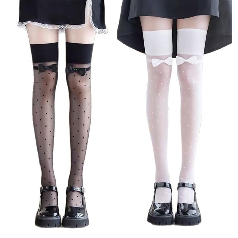 Women Bowknots Waves Point Thigh High Stockings Over the Knee Socks Sheer Silk Stockings Valentines Day Gifts