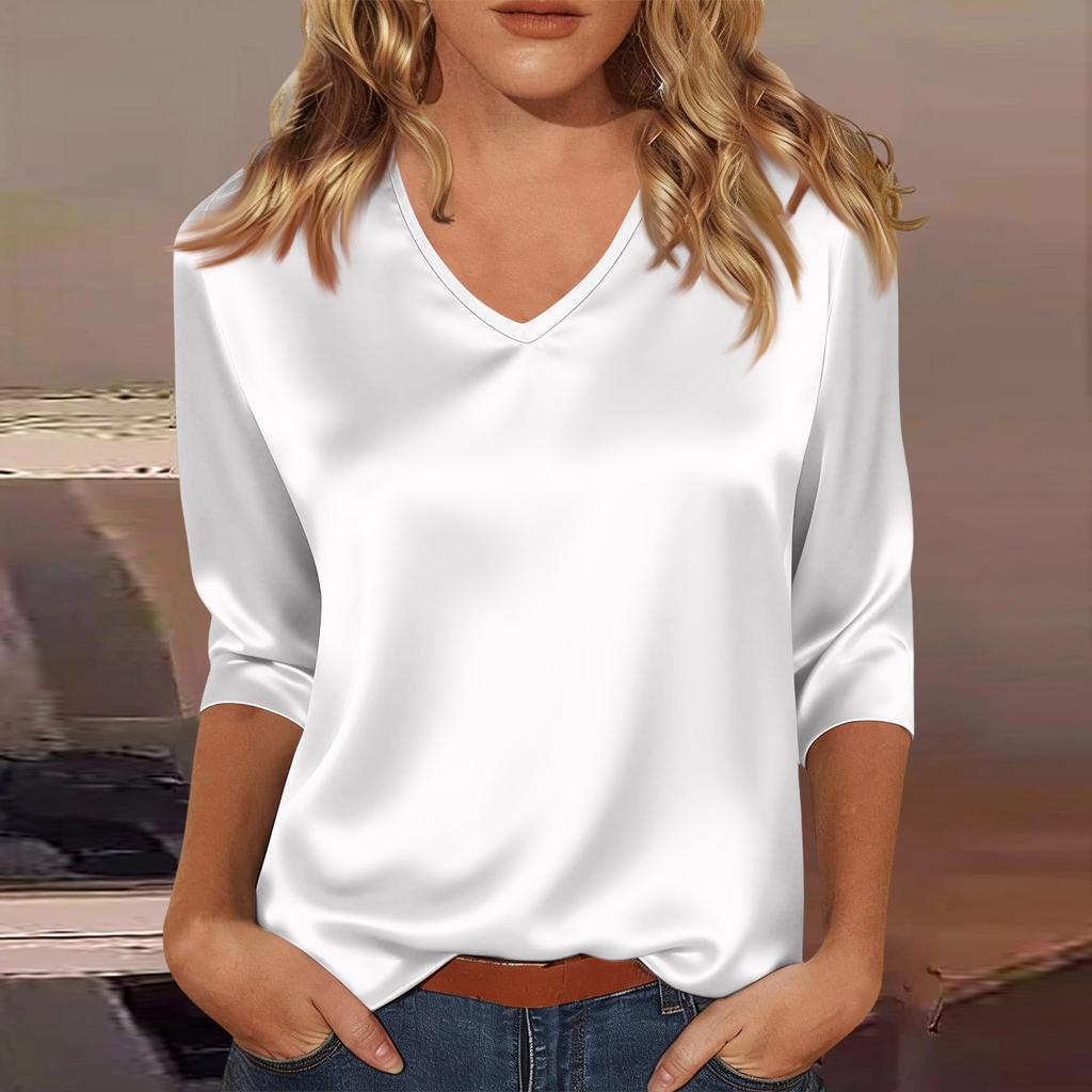 Women's V-neck Three-quarter Sleeve Satin Shirt Top, Lightweight For Spring And Summer