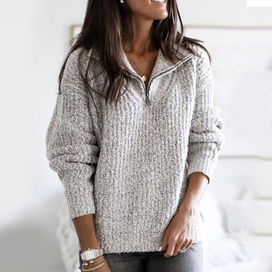 Maglione Pullover da Donna con Cerniera Revers Manica Lunga Largo in Maglia Tinta Unita