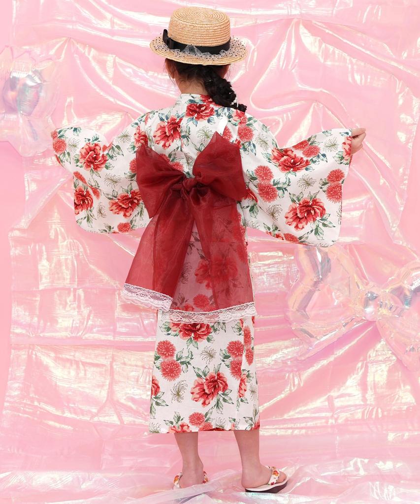 Bee Yukata Set for Easy To Perfect for Festivals and White with Modern Peony Design 3-Piece Girls, Summer, Wear, Two-Way Design, Fireworks, 130cm,