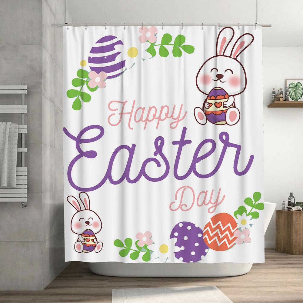 Easter Bunny Egg Party Decor Shower Curtain Set for Bathroom Home Decor Happy Easter Day Gift Ideas for Kids Adults Purple White