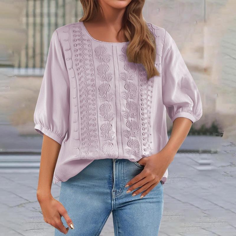 Summer Elegant Embroidery Loose Women Blouse Large Size Casual T-shirt Loose Simple Office Solid Color Fashion Elegant O Neck Sweet Shirts Clothing