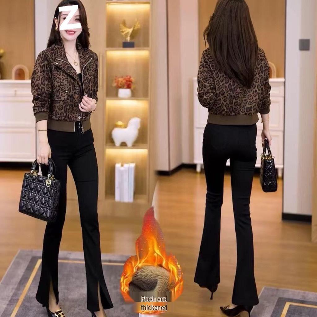 2025 Autumn/Winter Women's Leopard Print Slimming Casual Loose Petite Velvet Jacket