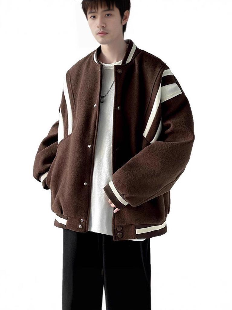 Men's Retro Wool Color Block Baseball Jacket - Trendy, High-End, Versatile Coat for Spring and Autumn.
