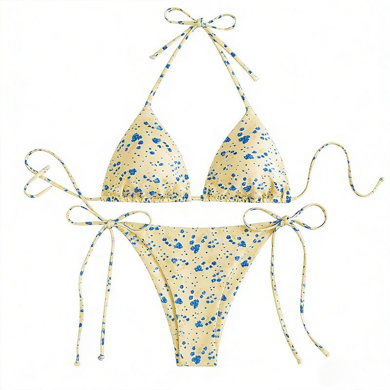 Women's Sexy Slim Fit Bikini Set, Tropical Print Halter Lace-up Triangle Swimsuit