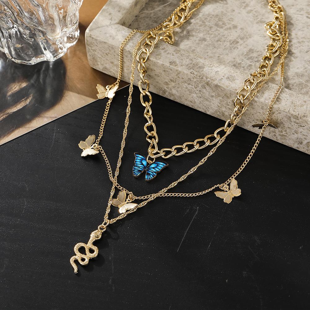 Creative Simple Temperament Women's Necklace Lovely Atmosphere Blue Butterfly Snake Necklace 3-piece Set