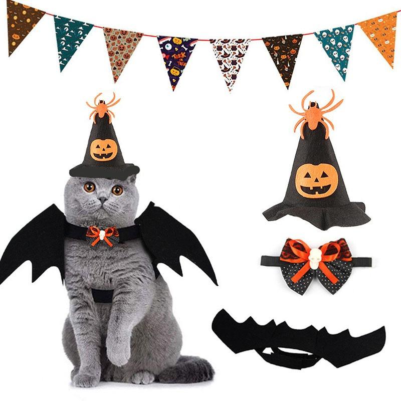 3×Halloween Pet Cat Costume Decoration Set - Bat Wings Collar Headband Accessories, Spooky Cute Cosplay Dress-Up Halloween Party