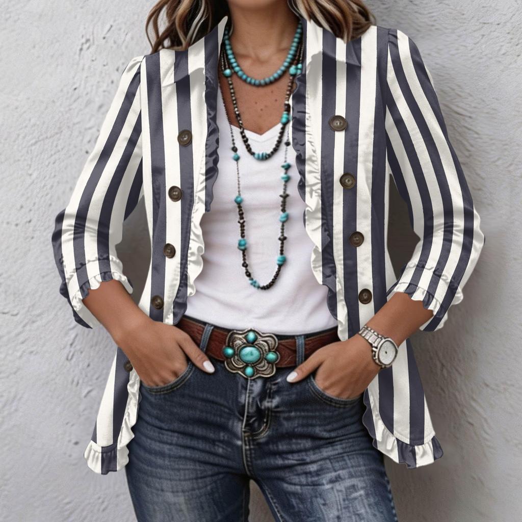 Damen Casual Vertikal Gestreift Print Langarm Rüschen Knopfleiste Hemd Jacke für den Alltag