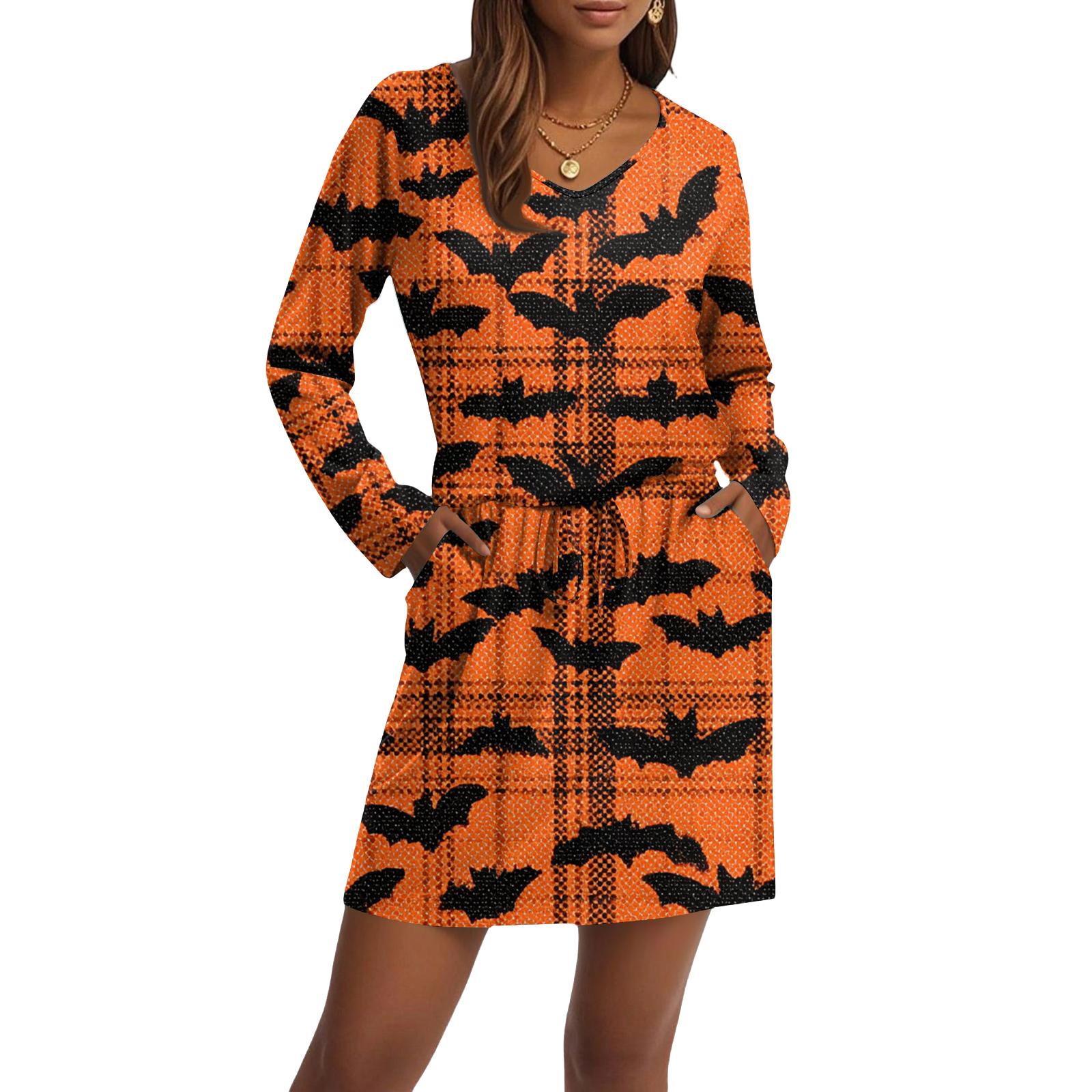 

Women s Fashionable V-neck Long Sleeved Drawstring With Pocket Halloween Printed Casual Dress XL