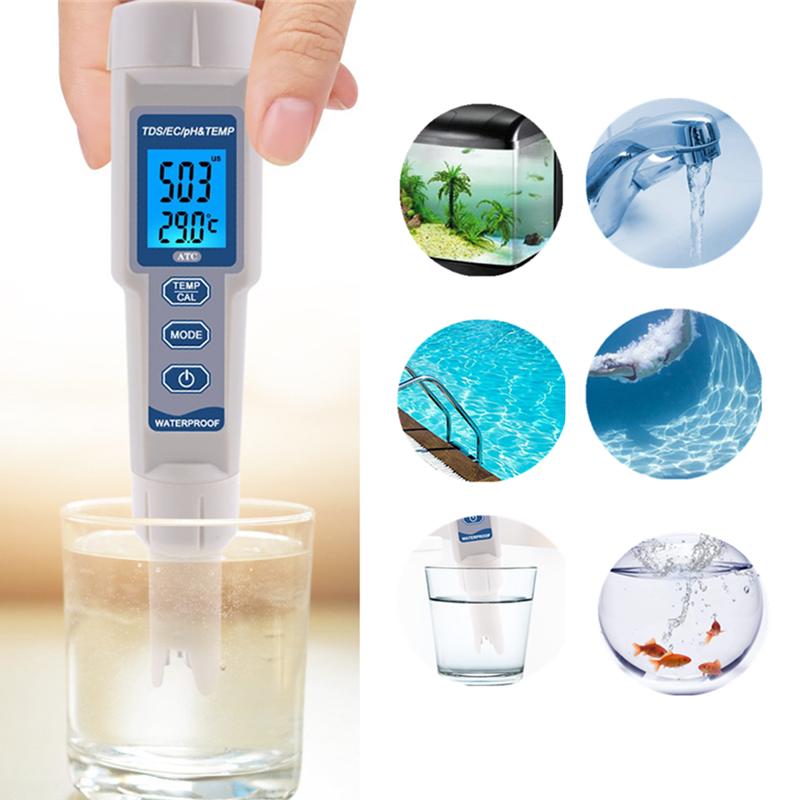4 in 1 Water Quality Meter PH TDS EC Temp Tester Waterproof PH Meter ATC Water Detector for Pools Drinking Water Aquariums