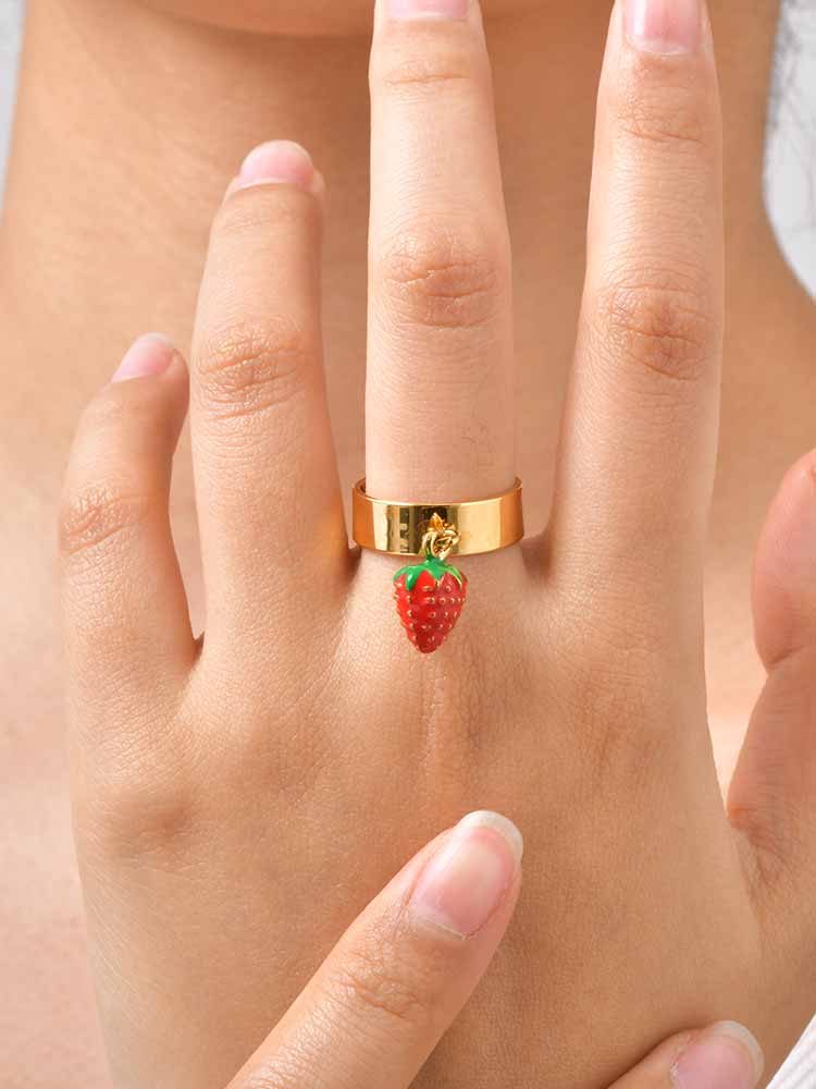 Strawberry Ring Stainless Steel Gold Open Adjustable Fashion Fruit Jewelry for Women Cute Gift
