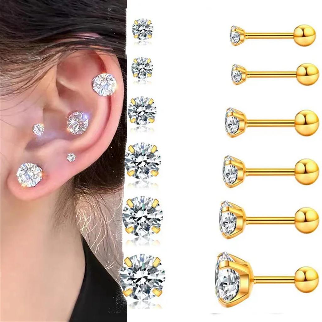 2/6/12pcs 20G Inlaid Cubic Zirconia Stud Earrings,Stainless Steel Screw Back Barbell Studs Daith Tragus Cartilage Earrings