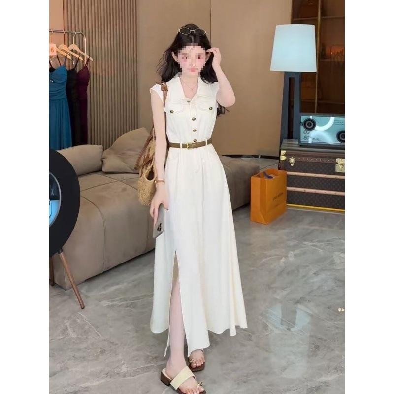 Huge good-looking dress summer Korean version of high-end waist display split-ended sleeveless shirt medium and long skirt