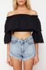 Women's Fashion New Blouse Black Crop Woven Flounce Blouse