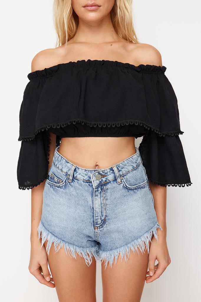 Women's Fashion New Blouse Black Crop Woven Flounce Blouse