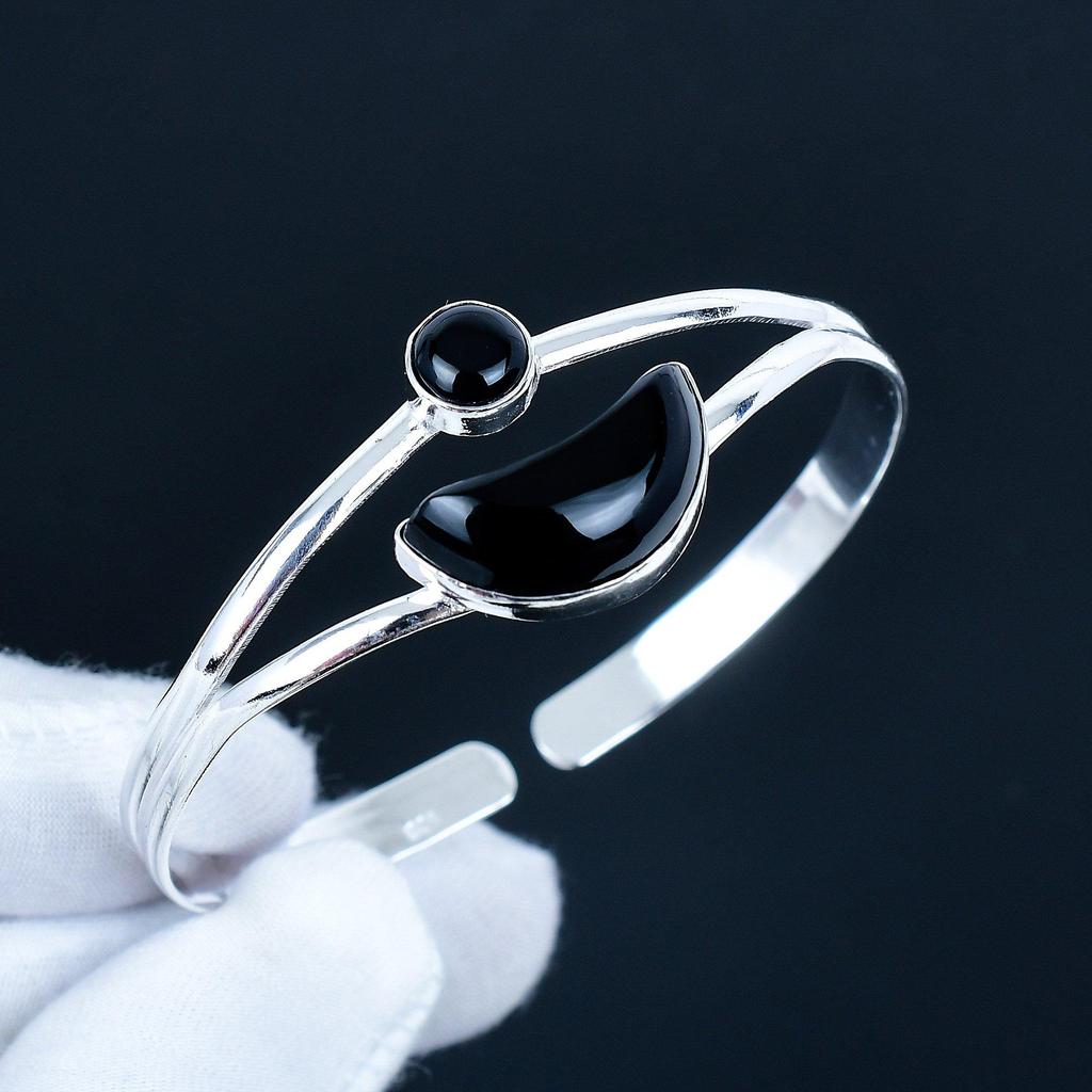 Natural Black Onyx Gemstone Handmade Cuff Bangle 925 Sterling Silver Cuff Bangle, Black Onyx Bracelet For Wife , Unisex Bangle, Gift For Her