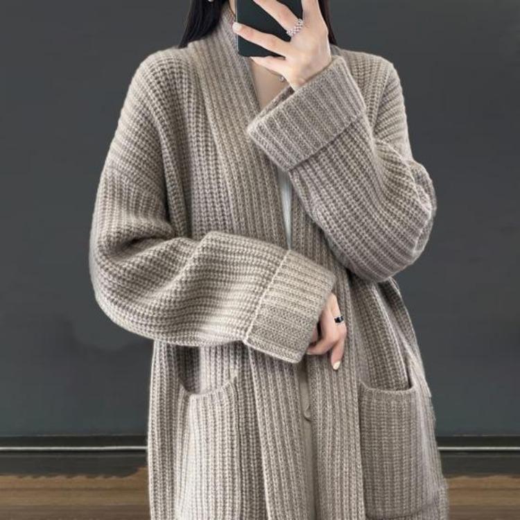 Warmer Weicher Damen Übergrößen Cardigan Pullover Winter Herbst Gestrickt Langarm Locker Dick Offener Stich Elastisches Revers Taschen