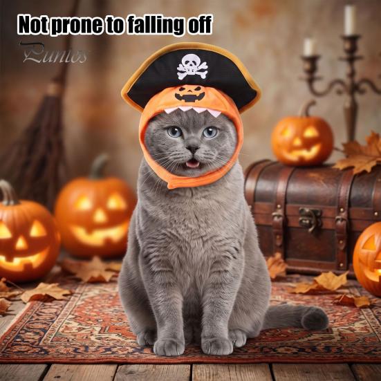Soft Fleece Pet Accessory Cat Pumpkin Pirate Hat, Halloween Cozy Funny Hat Cosplay for Cats, Small Dogs, Holiday Party Orange And Black Apparel