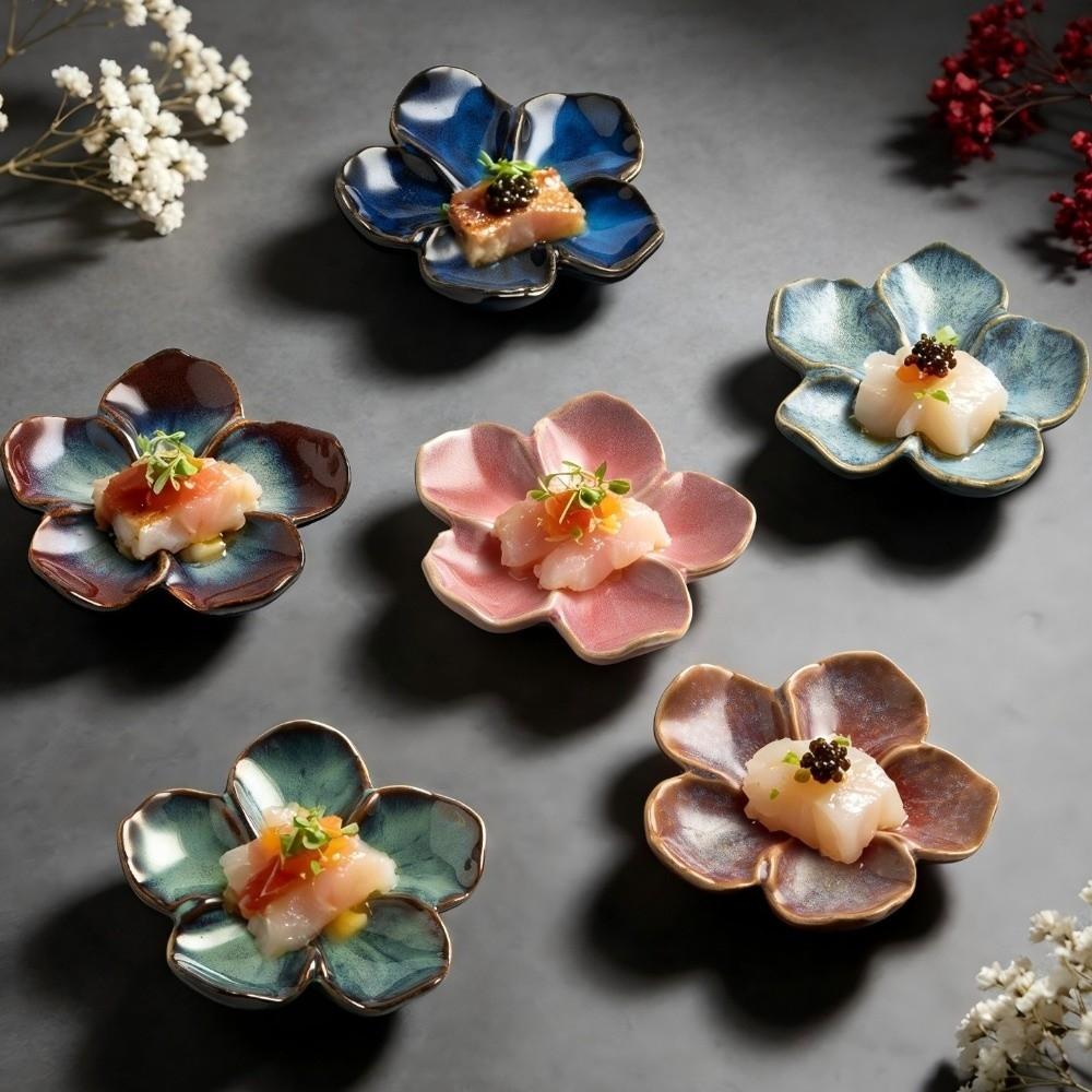 Multi-color Ceramic Dipping Plate Vintage Seasoning Sauce Dish Decorative Petal-Shaped Dish Party