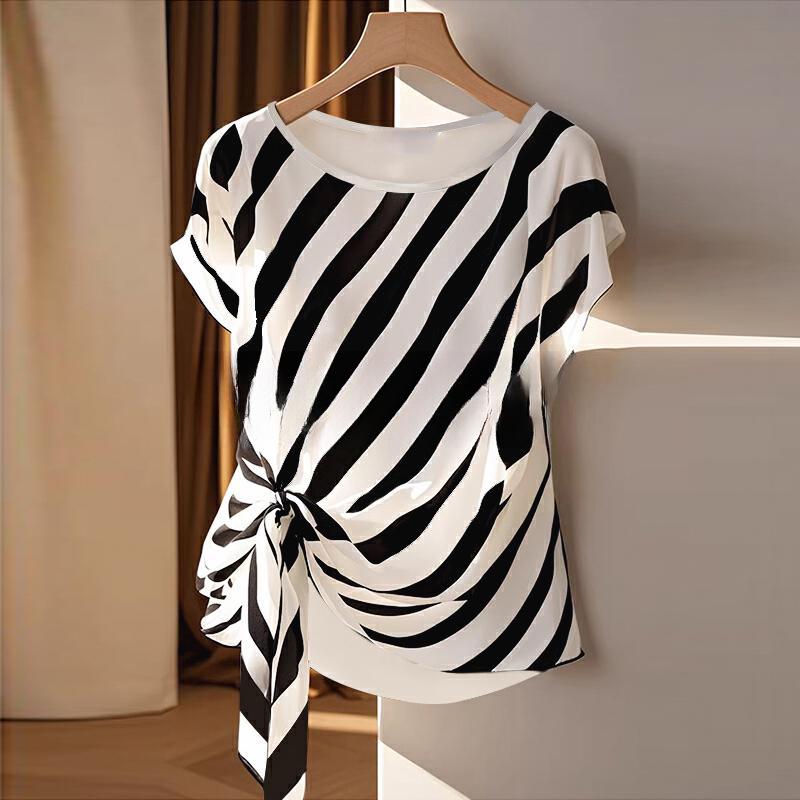 European & American 2025 New Style Women's Short Sleeve Round Neck Striped Tie-Up T-shirt