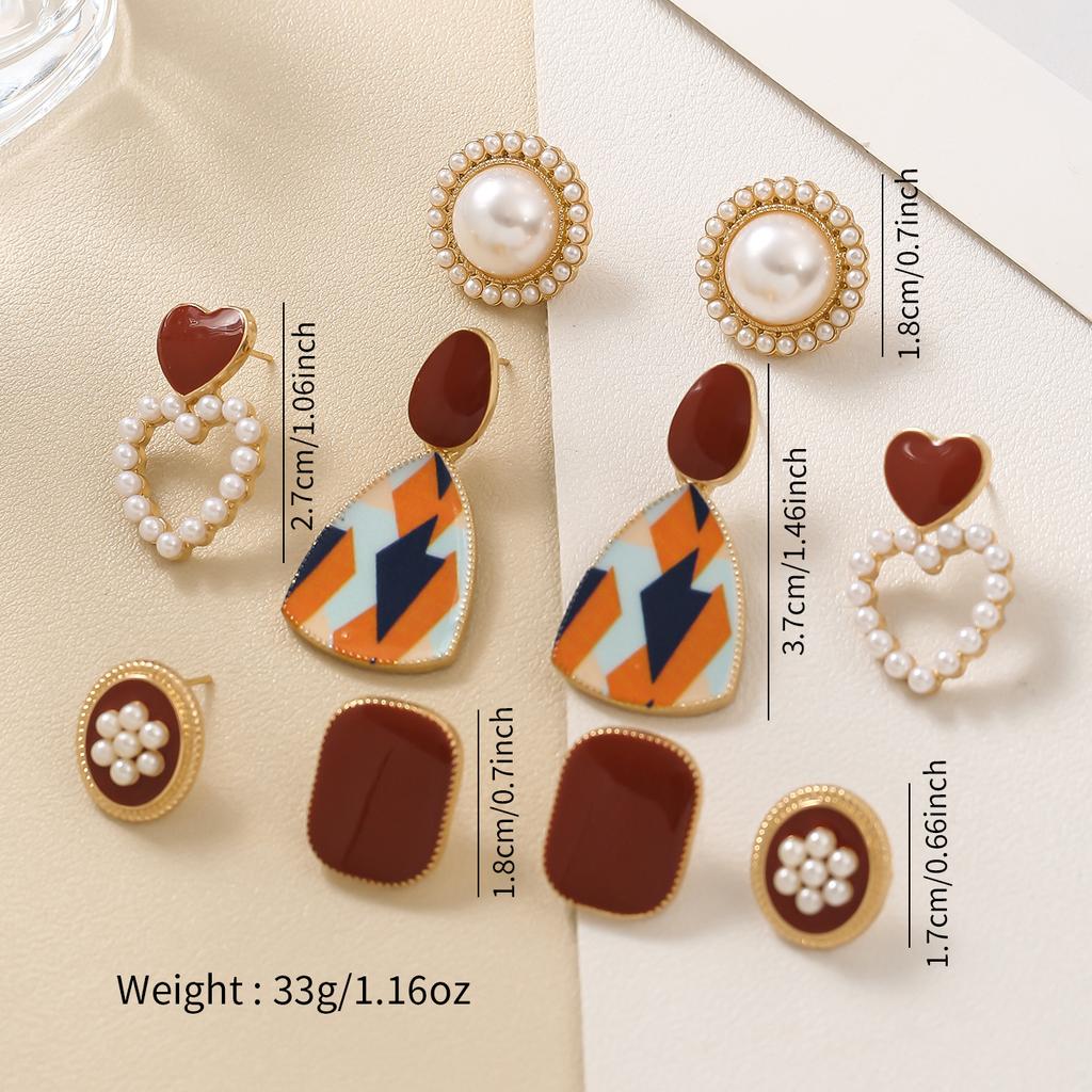 Women Boho All Match Love Heart Pearl Resin Geometry Ear Stud Earring Set