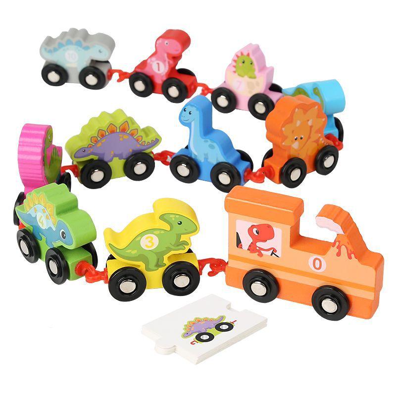 Children'S Educational Wooden Digital Small Train Early Education Enlightenment Dinosaur Assembly Drag Building Block Toy Car