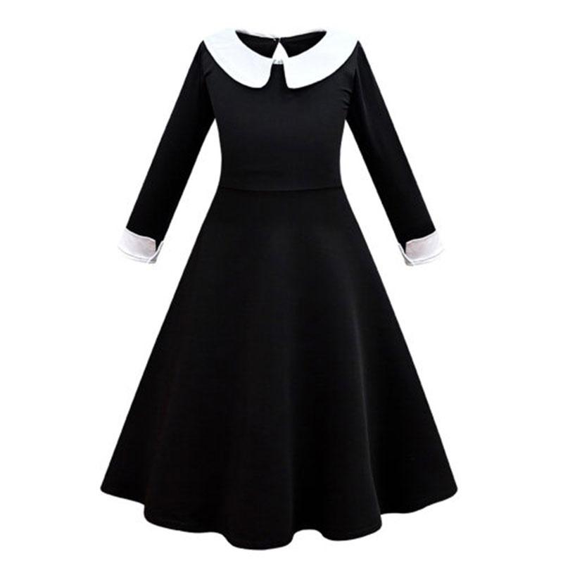 Addams Family Cosplay Girls' Long Sleeve Dress For Children Black Polyester Fabric