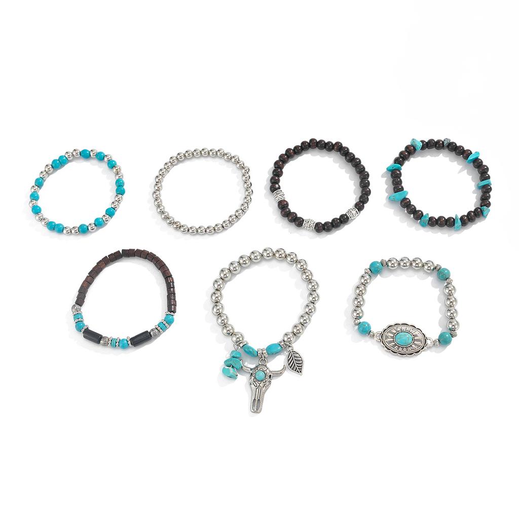 Stacked Beaded Bracelet for Men Hip Hop Personality Imitation Turquoise Bull Head Pendant Bracelet for Men High-end Hand Jewelry