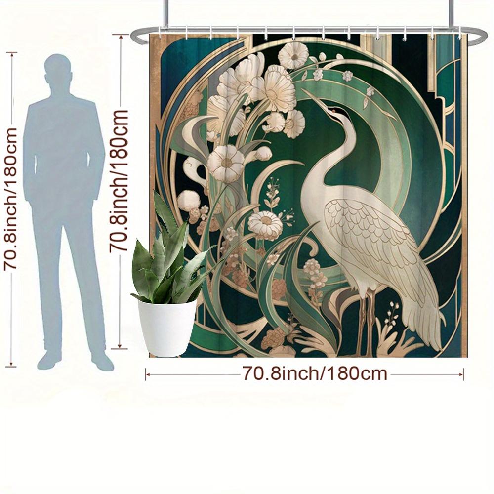 Elegant Shower Curtain With White Crane And Green Leaves Art Nouveau With 12 Hooks, Decorative Shower Curtain For The Bathroom