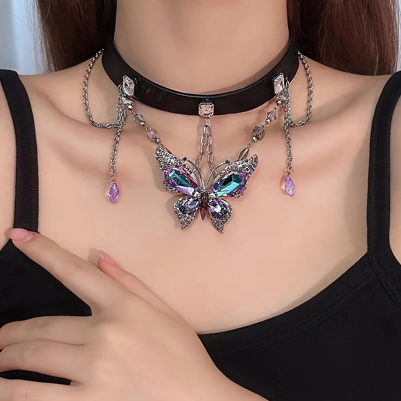 

1PC Purple Butterfly Leather Necklace, Cool Punk Personality Fashion, Suitable for Women