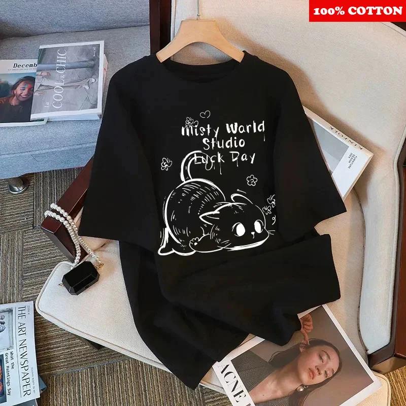 Cute Cat Pattern Print T-shirt Women Summer 2025 New Round neck Short Sleeve T-shirt Loose Casual Y2k Top kawaii Female clothing