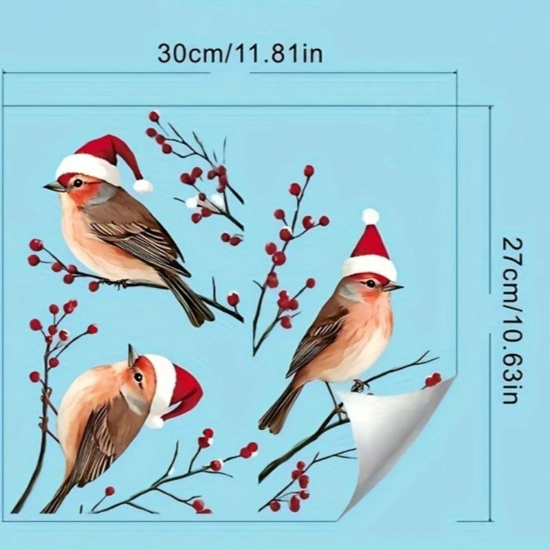 

1PC Window Stickers Three Birds in Santa Hats Christmas Theme Red Berry Branches Decorative Wall Stickers for Glass and Window