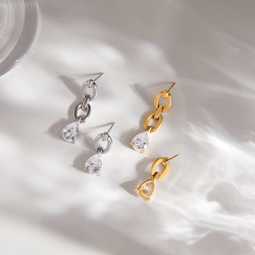 Stainless Steel Chain Link Teardrop Zircon Earrings PVD Gold Plated Statement Earrings