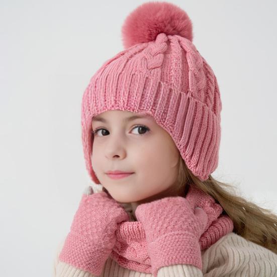 3Pcs/Set Kids Hat Scarf Gloves Set Colorful Twist Texture Hat Thickened Plush Lining Neck Gaiter Knitted Gloves Set