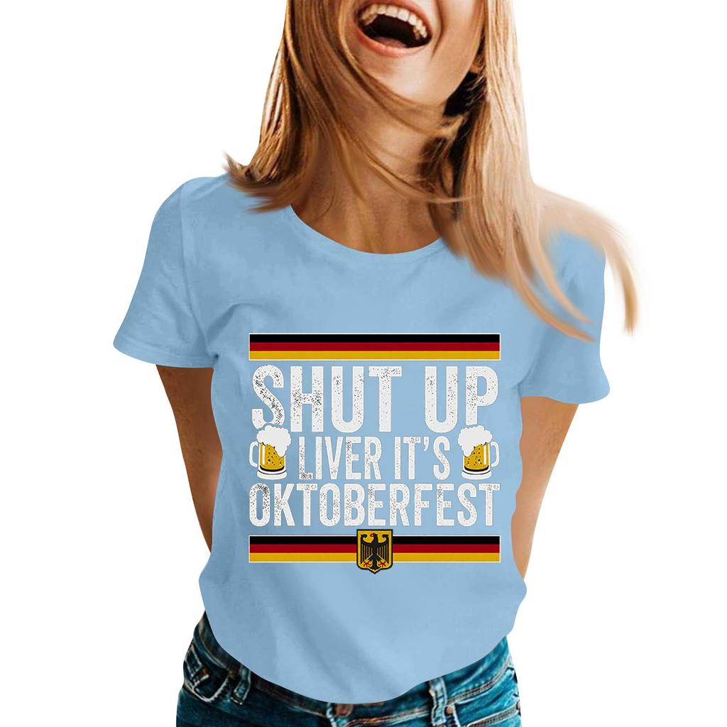 Unisex Casual Short Sleeve Pullover T Shirt with Letter Print Crew Neck Top Suitable for Oktoberfest and Everyday Wear