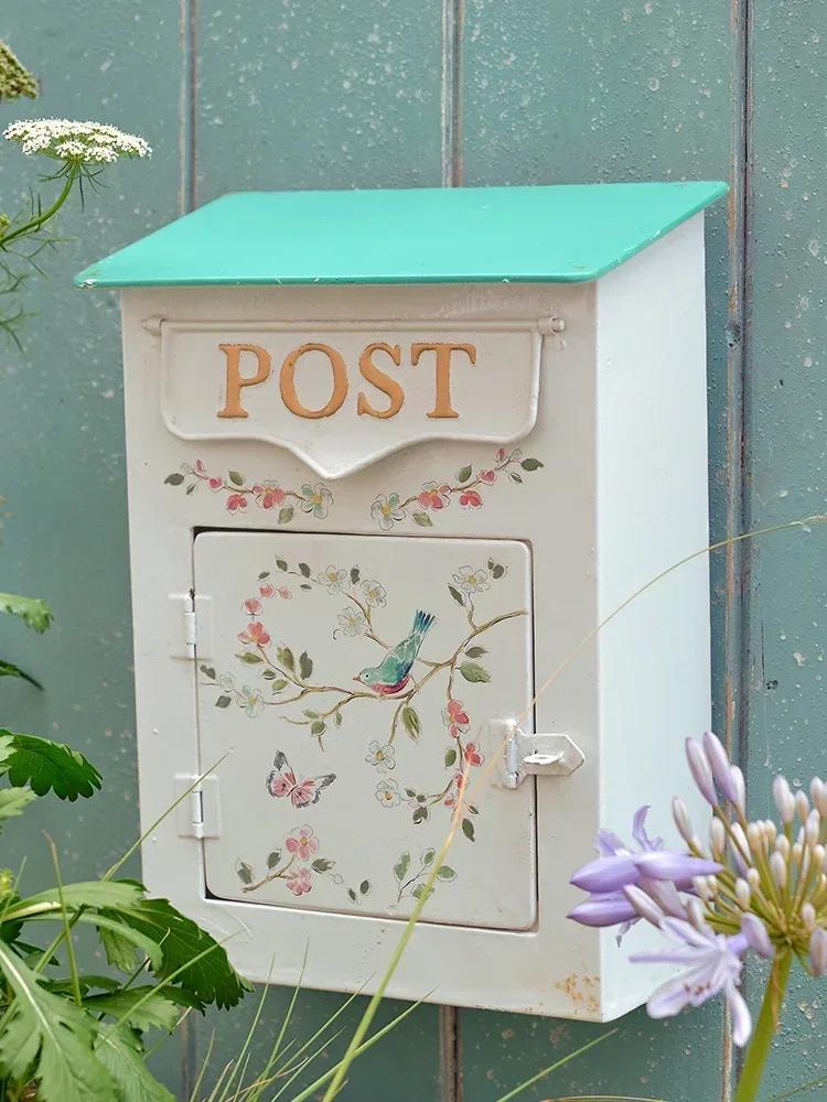 Flower Pattern Mailbox Rectangle Wall Mounted Outdoors Courtyard Opinion Box Metal Ironwork European Retro Style Wall Decoration