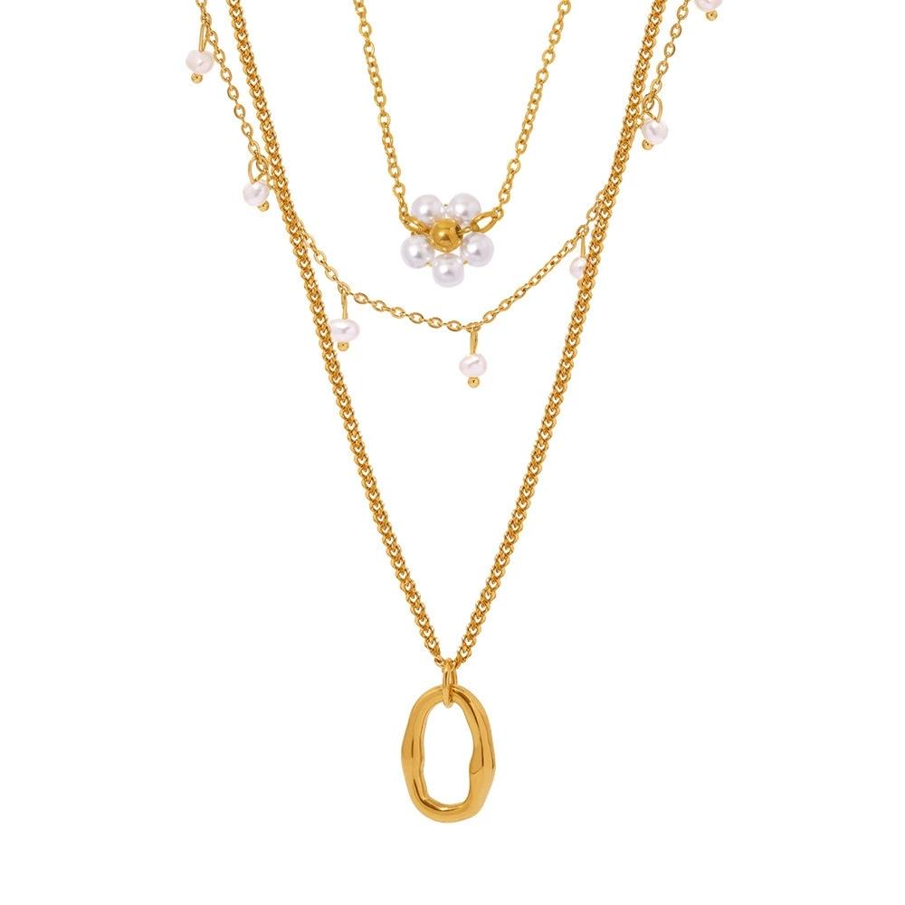 LT-P2034 Multi-Layer Tassel Pearl Bead Pendant Necklace 18K Gold Plated Stainless Steel Trendy Women's Jewelry for Party