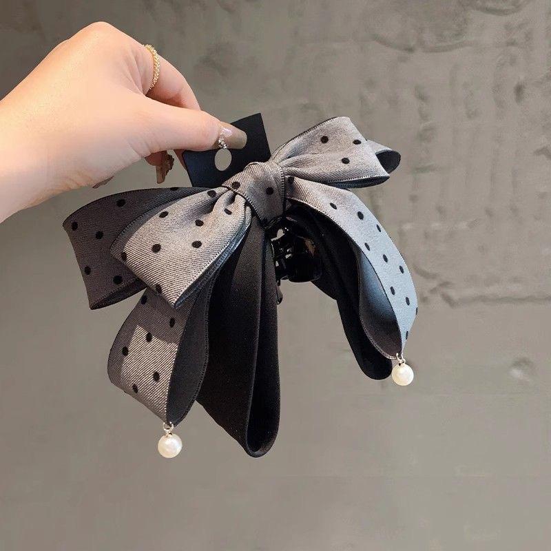 Elegante Fermaglio per Capelli con Fiocco a Pois Grigio per Donne Ragazze Artiglio per Capelli con Temperamento di Alta Gamma Accessori per Capelli Regalo