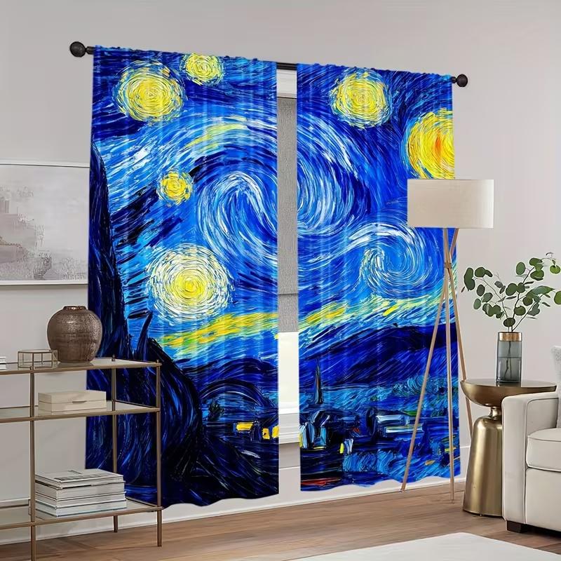 2PcsOil Painting Starry Sky Print Curtains,suitable for Bedroom,living Room Kitchen Decoration,home Decoration,window Decoration
