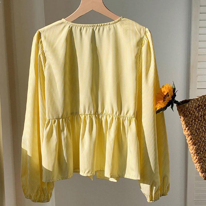 spring sexy bow strap hollow out Women Blouse Shirt Autumn yellow stripe O-Neck Long Sleeve cardigan Casual loose Shirts female