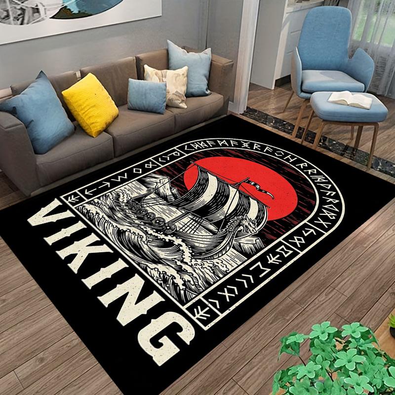 Viking Ship Carpet with Red Sun, Runic Border, Black Nordic Decor Suitable for Use As an Anti-slip for Living Room Bedroom Sofas