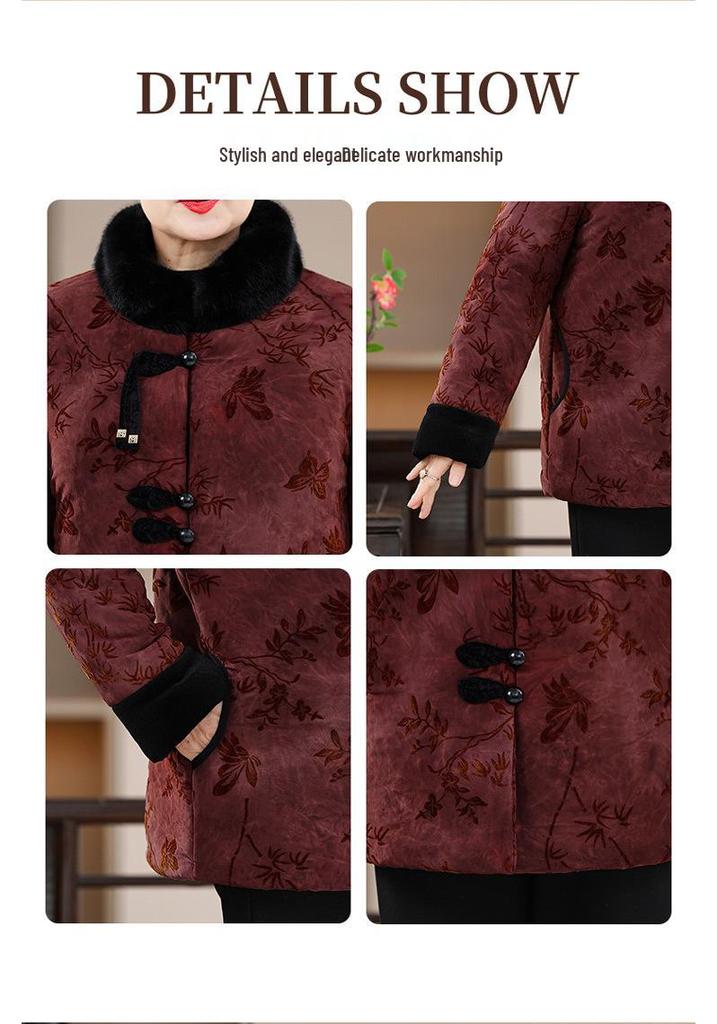 Women's Winter Cotton Jacket - New Chinese Style for Middle-aged and Elderly, Mom's Velvet-Lined, Thick, Warm Coat.