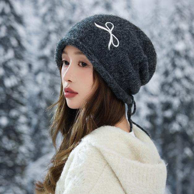Female Sweet and Cute Bow Embroidered Drawstring Cold Hat Autumn and Winter Fashion Windproof Warm Wool Hat