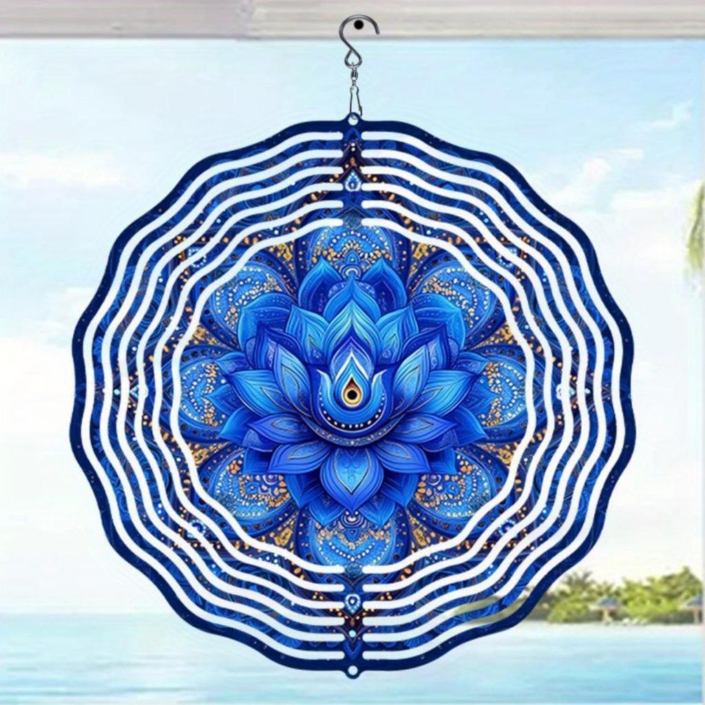 Metal Windmill Garden Decor Blue Lotus Mandala Hanging Wind Spinner Outdoor Yard Balcony Decoration No Electricity Needed Easy Install